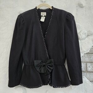 Leslie Fay Vintage 90s Women's Black Knit Two Piece Skirt Suit Set Bow Size 12